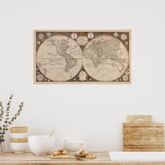 Afdruk van het oude poster World Continent Map (Keuken)