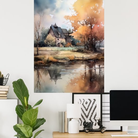 Afdruk Waterverf in het najaar Afbeelding landscha Poster (Thuiskantoor)