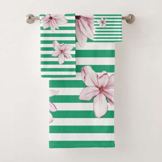 Afdruk zomer-, lente-, groene streep magnolia bad handdoek (Insitu)