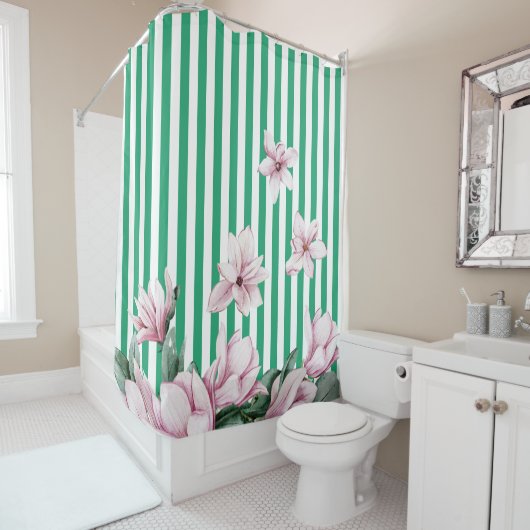 Afdruk zomer-, lente-, groene streep magnolia douchegordijn (In situ)