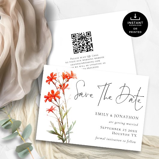 Afdrukbaar Boho Rode Wilde Bloemen QR Code Script Save The Date