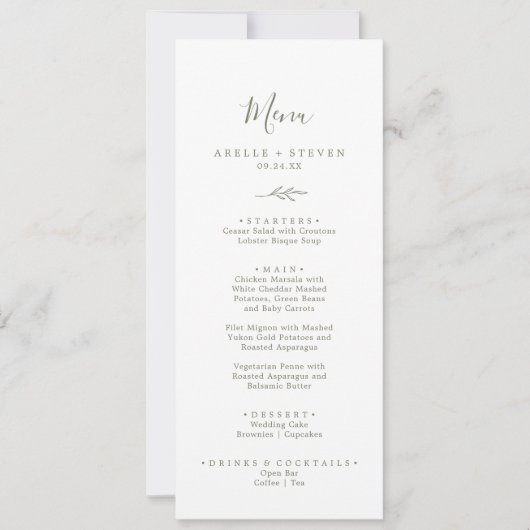 afdrukbaar | Minimal Leaf Olive Green Wedding Menu Kaart (Voorkant)