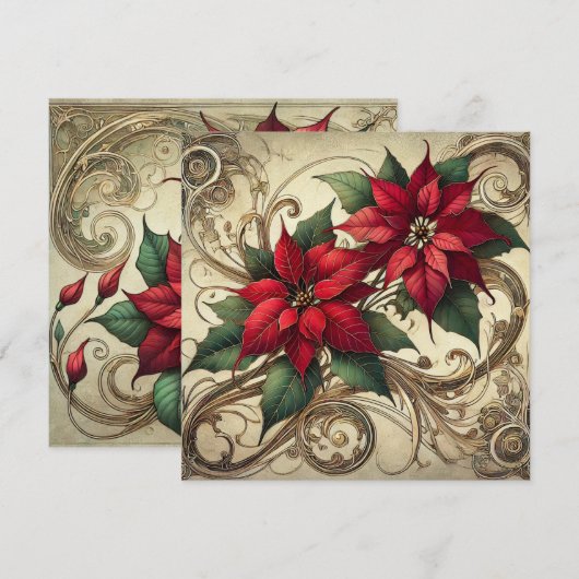 Afdrukbare Art Nouveau Kerstpoinsettia Kaart (Voorkant / Achterkant)
