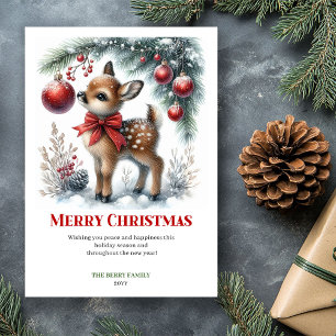 Afdrukbare babyree Kerstscène Aquarel Feestdagenkaart