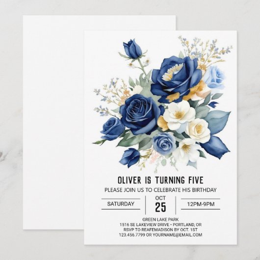 Afdrukbare blauwe bloemen verjaardag kaart (Voorkant / Achterkant)