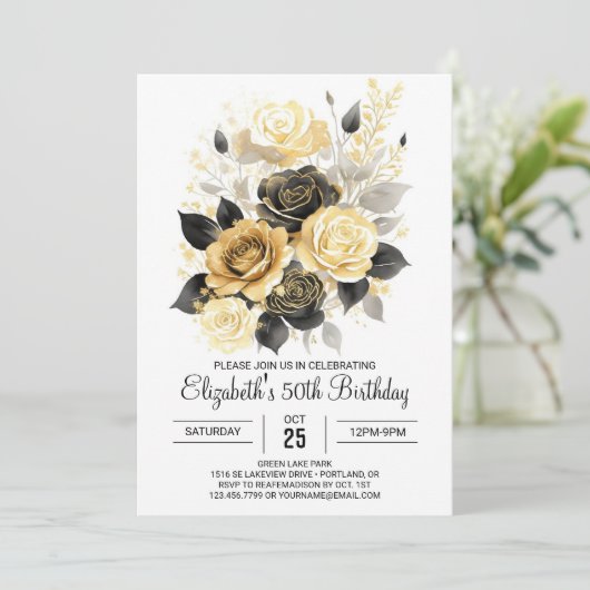 Afdrukbare Bloom Goud en Zwart 50ste verjaardag Kaart (Staand voorkant)