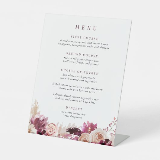 Afdrukbare Blush en Bourgogne Bloemen Menu Reclamebord Met Voetstuk (Voorkant)