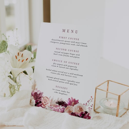 Afdrukbare Blush en Bourgogne Bloemen Menu Reclamebord Met Voetstuk