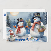 Afdrukbare, downloadbare Sneeuwmannenfamilie. Snee Feestdagenkaart (Voorkant / Achterkant)