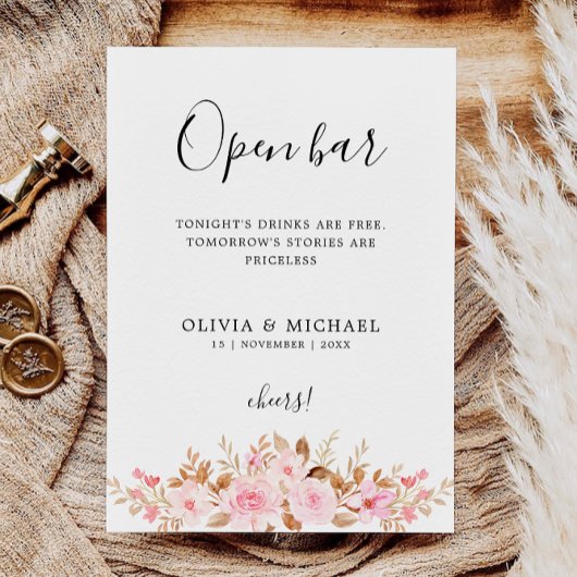 Afdrukbare Funny Open Bar Sign, bruiloft Roos Kaart