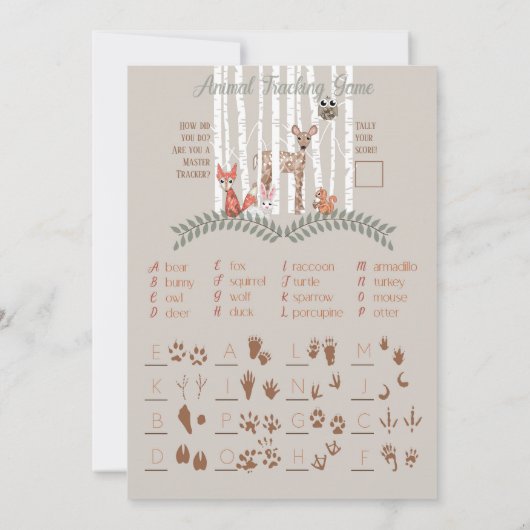 Afdrukbare game! Voor het Baby shower van Woodland Kaart (Achterkant)
