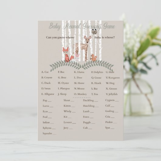 Afdrukbare game! Voor het Baby shower van Woodland Kaart (Staand voorkant)