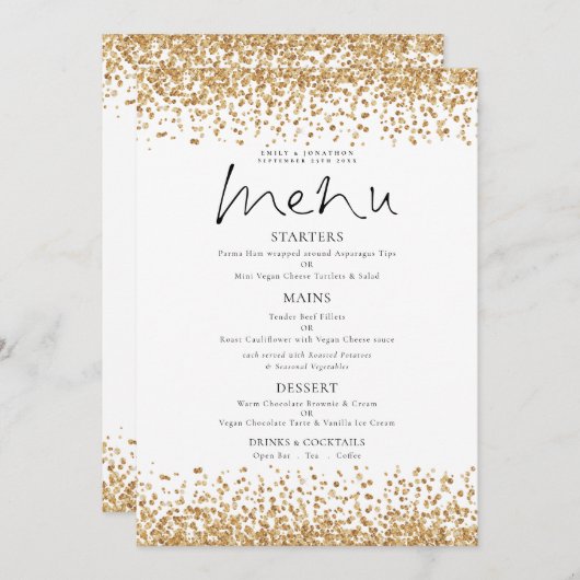 Afdrukbare gouden glitter script bruiloft menu kaart (Voorkant / Achterkant)
