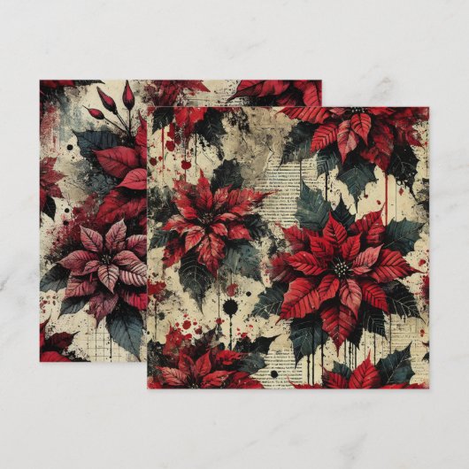 Afdrukbare Grungy Poinsettia krantenpapier Scrapbo Kaart (Voorkant / Achterkant)