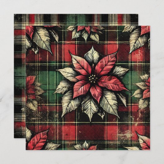 Afdrukbare Grungy Poinsettia Plaid Stof Scrapbook Kaart (Voorkant / Achterkant)