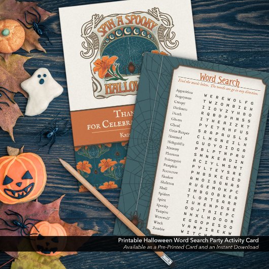 Afdrukbare Halloween Word Search Party-activiteit Feestdagenkaart