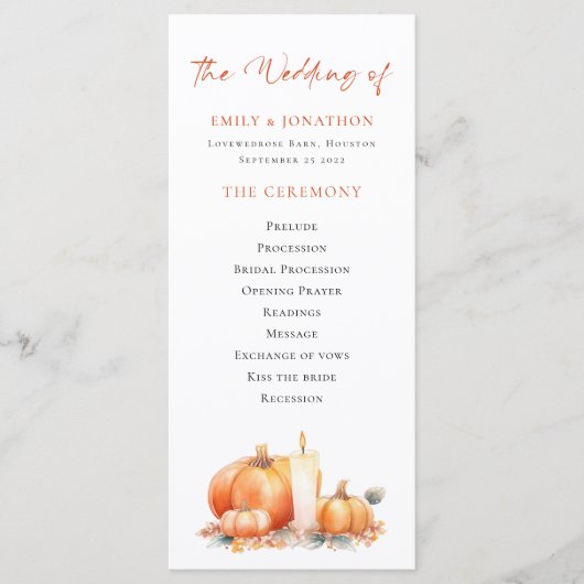 Afdrukbare Herfst pompoenen kaars bruiloft program Kaart (Voorkant)
