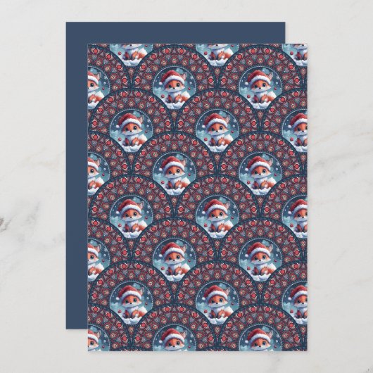 Afdrukbare Kawaii Christmas Fox Art Deco Scallops Kaart (Voorkant / Achterkant)