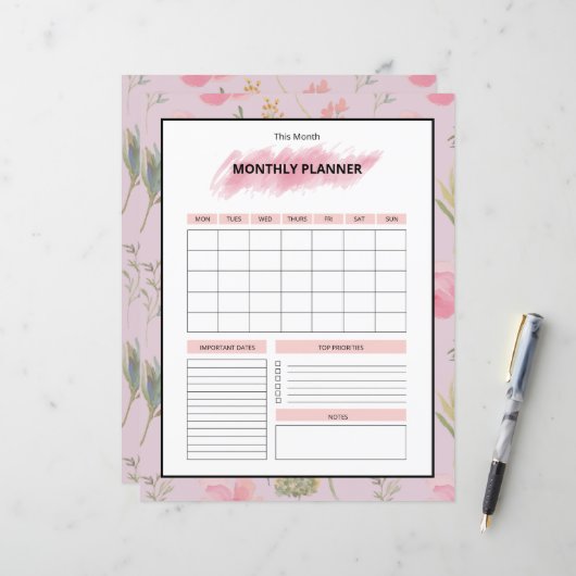 Afdrukbare maandelijkse planner sjabloon (Voorkant / Achterkant in situ)