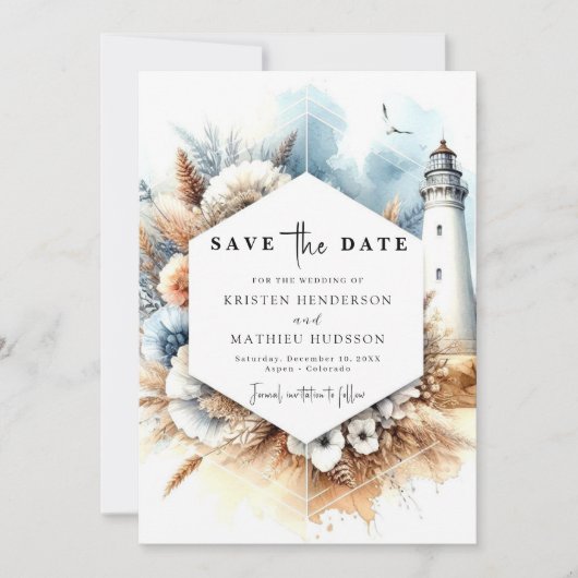 Afdrukbare moderne Romance vuurtoren bruiloft Save The Date (Voorkant)