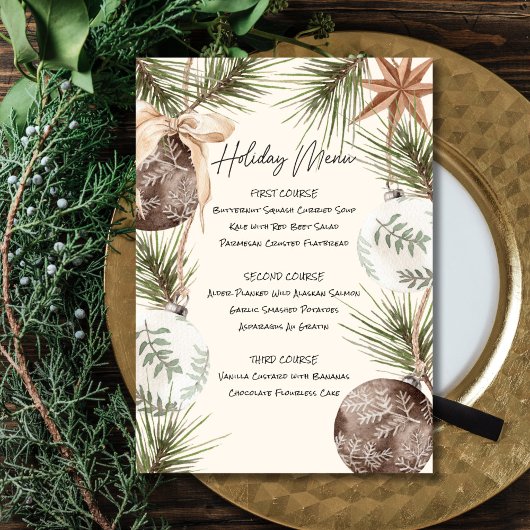 Afdrukbare Ornamenten & Fir Surround Holiday Menu Kaart