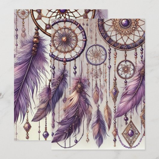 Afdrukbare Paarse & Gouden Boho Dreamcatcher Patro Kaart (Voorkant / Achterkant)