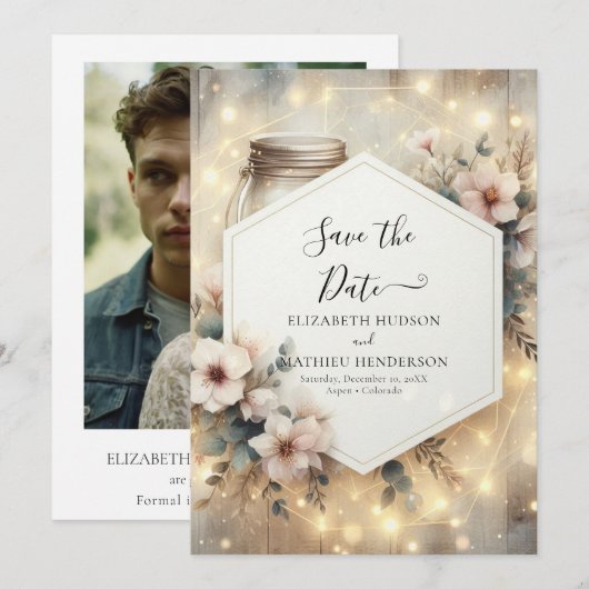 Afdrukbare Romance Mason Jar Wedding Save The Date (Voorkant / Achterkant)