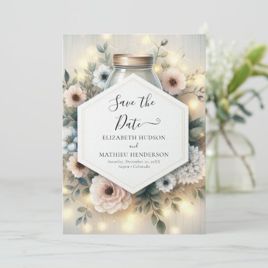 Afdrukbare Romance Mason Jar Wedding Save The Date (Staand voorkant)