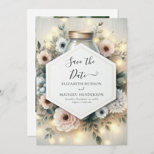 Afdrukbare Romance Mason Jar Wedding Save The Date (Voorkant / Achterkant)