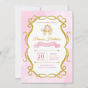 Afdrukbare roze en gouden glitter prinses uitnodig kaart