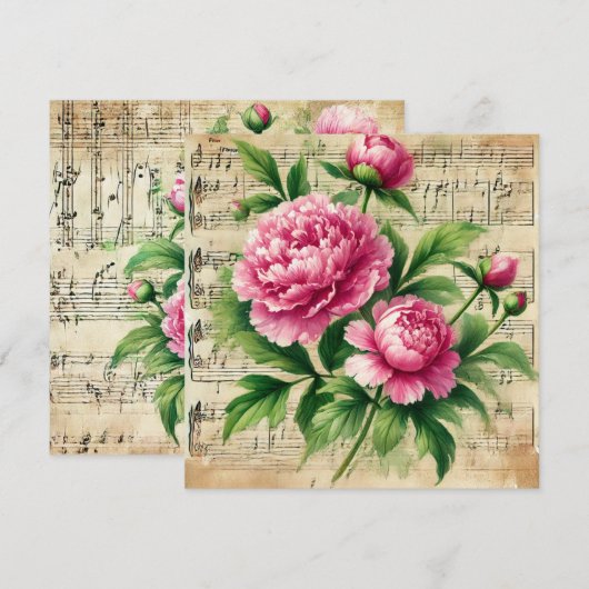 Afdrukbare  Roze en Groene Pioenen Scrapbook Kaart (Voorkant / Achterkant)