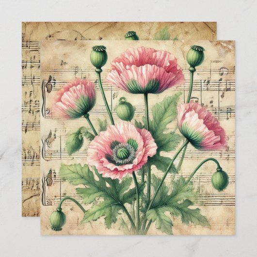 Afdrukbare  Roze en Groene Poppies Scrapbook Kaart (Voorkant / Achterkant)