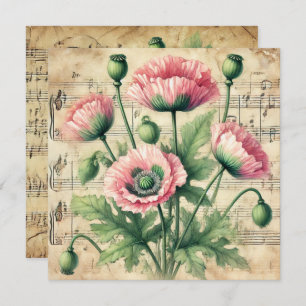 Afdrukbare  Roze en Groene Poppies Scrapbook Kaart