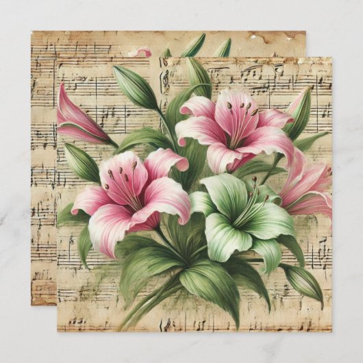 Afdrukbare  Roze & Groene Lelies Scrapbook Kaart (Voorkant / Achterkant)