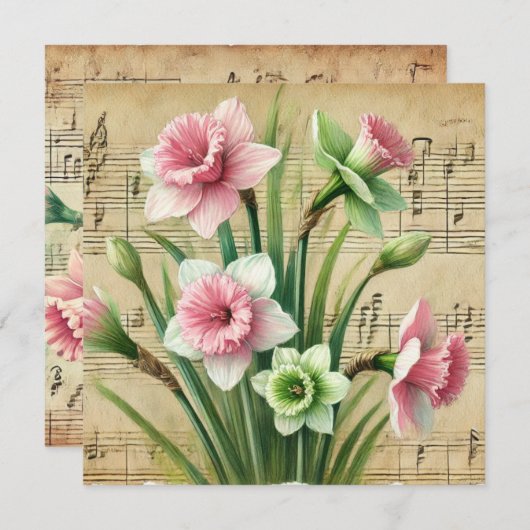 Afdrukbare Roze & Groene narcissen Scrapbook Kaart (Voorkant / Achterkant)