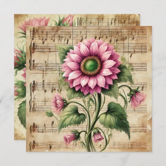 Afdrukbare  Roze & Groene Zonnebloem Scrapbook Kaart (Voorkant / Achterkant)