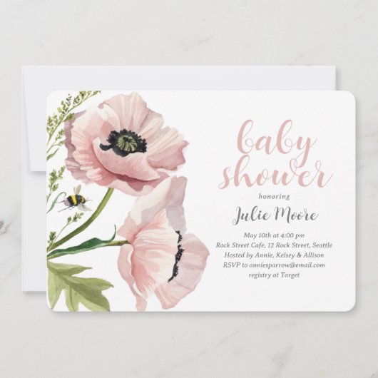 Afdrukbare Roze Klaproos Baby Shower Kaart (Voorkant)