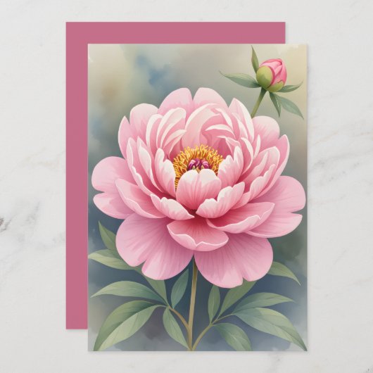 Afdrukbare roze pioen art print bedankkaart (Voorkant / Achterkant)