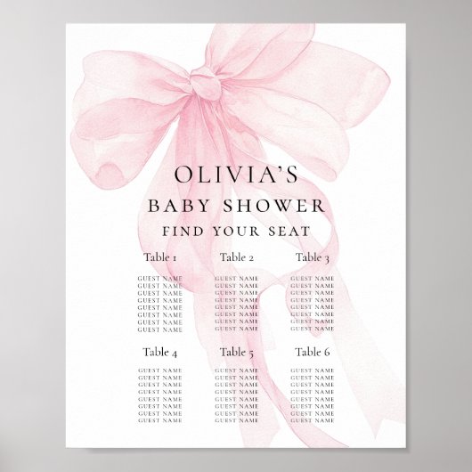 Afdrukbare Roze Strik Baby Shower Zitplaatskaart Poster (Voorkant)