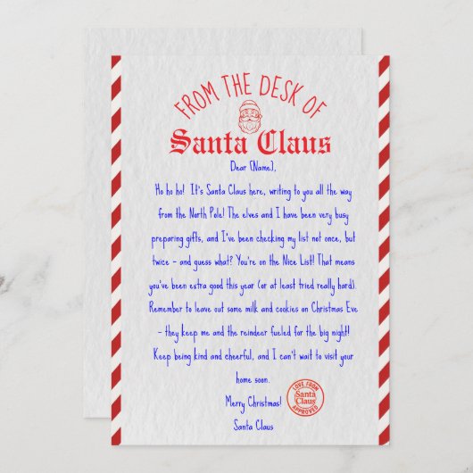 Afdrukbare Santa Letter-Sjabloon Kaart (Voorkant / Achterkant)