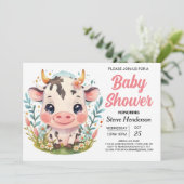 Afdrukbare Schattigee Schuur Koe Baby shower Kaart (Staand voorkant)