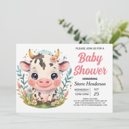 Afdrukbare Schattigee Schuur Koe Baby shower Kaart (Staand voorkant)