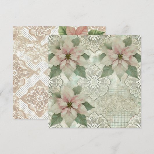 Afdrukbare Shabby Chic Poinsettia & Lace Scrapbook Kaart (Voorkant / Achterkant)