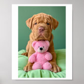 Afdrukbare Shar-pei Schattige Pet Dog & Pink Teddy Poster (Voorkant)