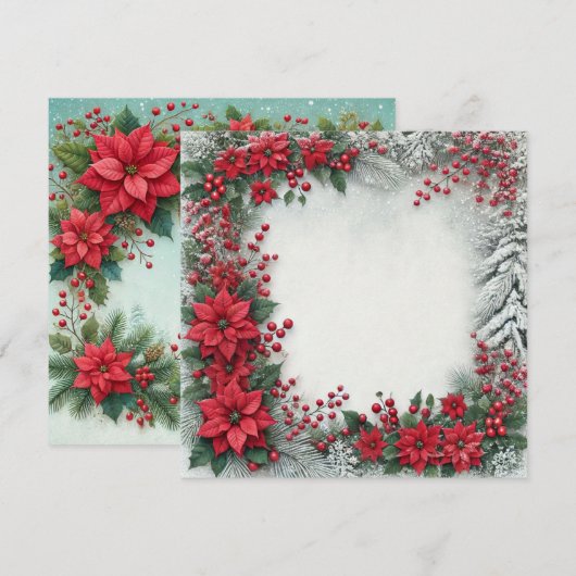 Afdrukbare Snowy Poinsettia Lijst Scrapbook Kaart (Voorkant / Achterkant)