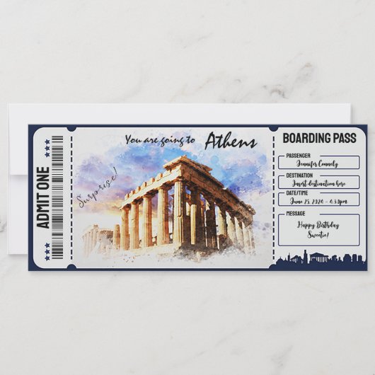 Afdrukbare verrassing Athene, Griekenland Ticket S Kaart (Voorkant)