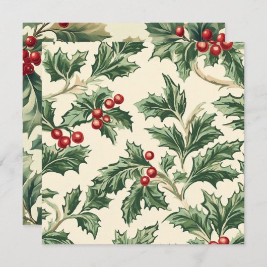 Afdrukbare Vintage Kerst Holly Patroon Papier Kaart (Voorkant / Achterkant)