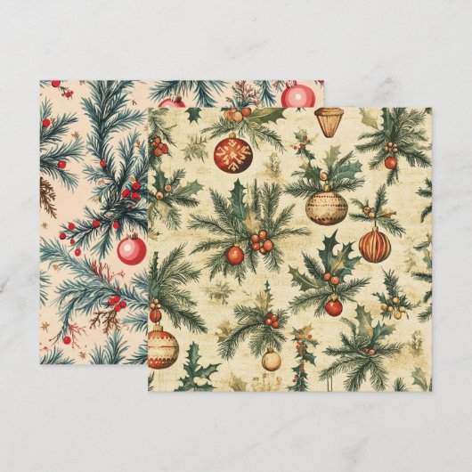 Afdrukbare vintage kerstballen en takken kaart (Voorkant / Achterkant)
