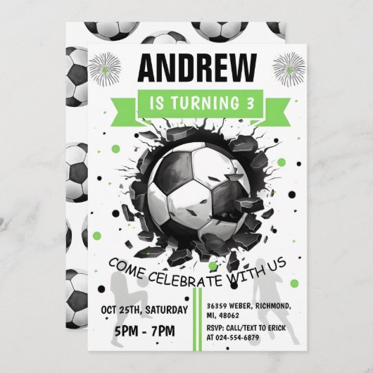 Afdrukbare Voetbal Verjaardag sjabloon Uitnodiging (Voorkant / Achterkant)