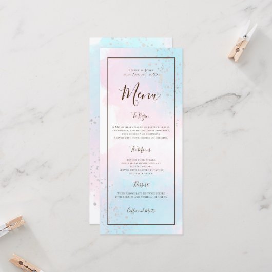Afdrukbare Waterverf Roze Blauw Zilver Bruiloft Me Kaart (Voorkant / Achterkant in situ)